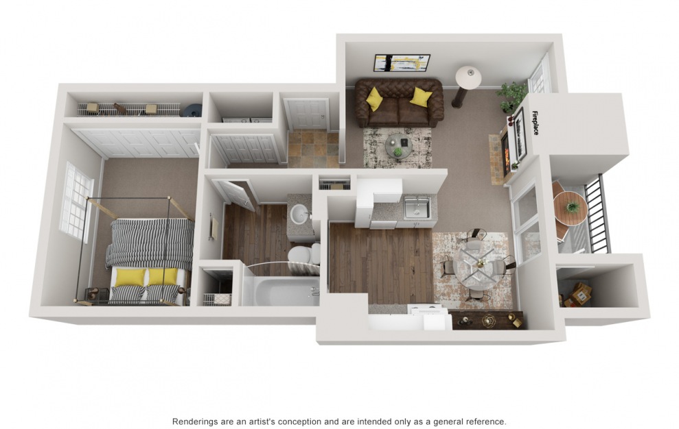 A1 - 1 bedroom floorplan layout with 1 bath and 690 square feet.